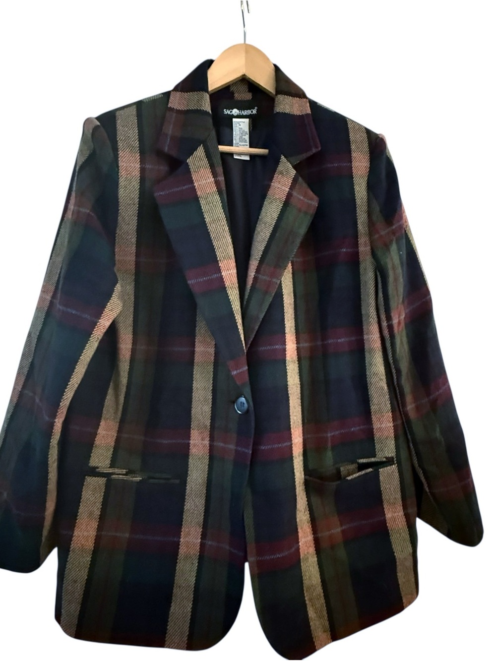 Dark Academia Wool Blazer Vintage Sag Harbor Navy Green Tan Plaid Womens Size 12